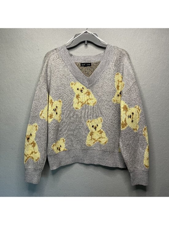 Social Scene Sweaters - Social Scene XL Teddy Bear Knit Sweater Gray Yellow V-Neck Pullover Lightweight
